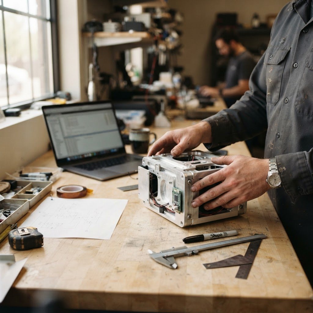Two hands turning over a clean half-built product prototype on a light birch studio table, callipers and a marker laid beside